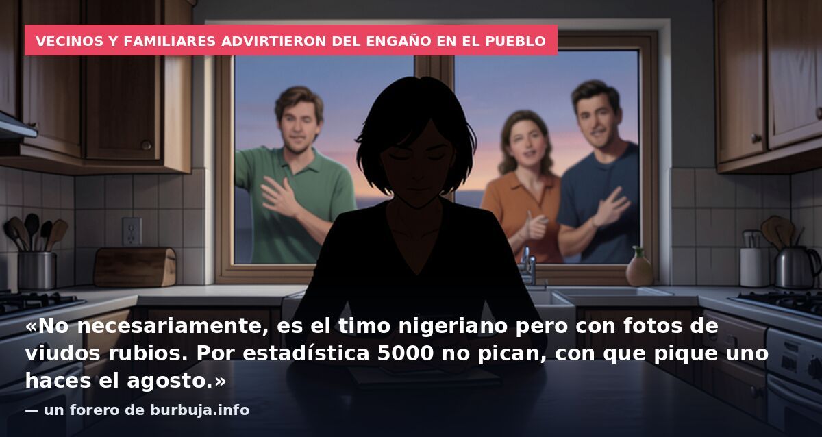 Vecinos y familiares advirtieron del engaño en el pueblo: «No necesariamente, es el timo nigeriano pero con fotos de viudos rubios. Por estadística 5000 no pican, con que pique uno haces el agosto.» — un forero de burbuja.info