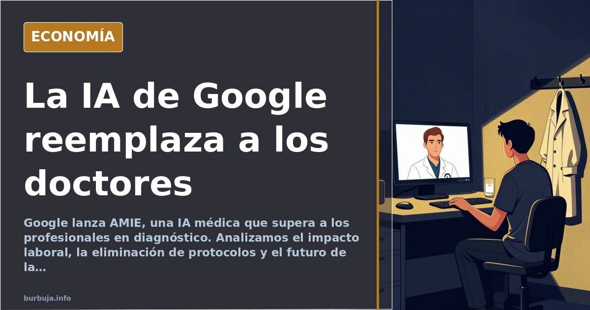 Ilustración editorial de un médico frente a una interfaz de IA de Google