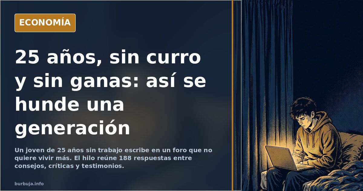 Ilustración editorial de un joven cabizbajo frente a una pantalla de ordenador en una habitación oscura, con la luz de la pan
