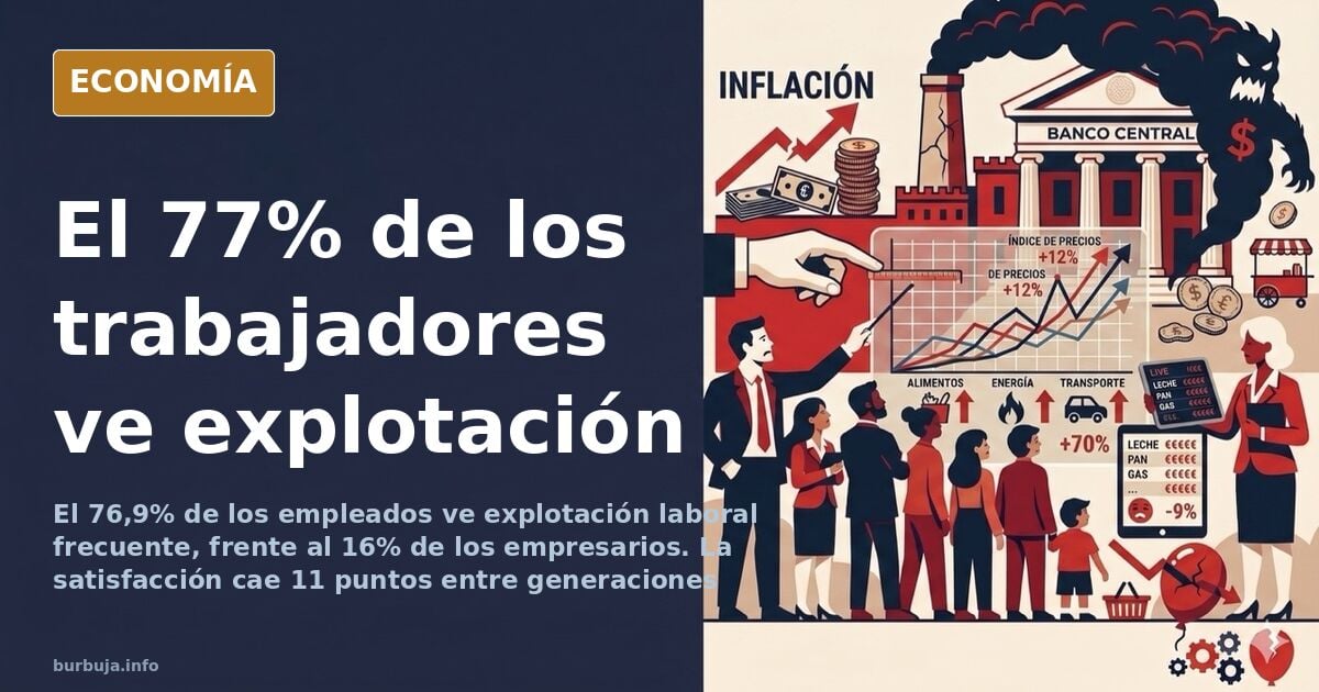 Ilustración editorial de una balanza desequilibrada entre empleado y empresario sobre fondo azul marino y dorado