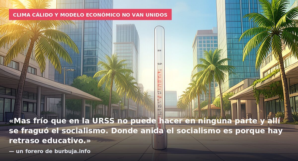 Clima cálido y modelo económico no van unidos: «Mas frío que en la URSS no puede hacer en ninguna parte y allí se fraguó el socialismo. Donde anida el socialismo es porque hay retraso educativo.» — un forero de burbuja.info