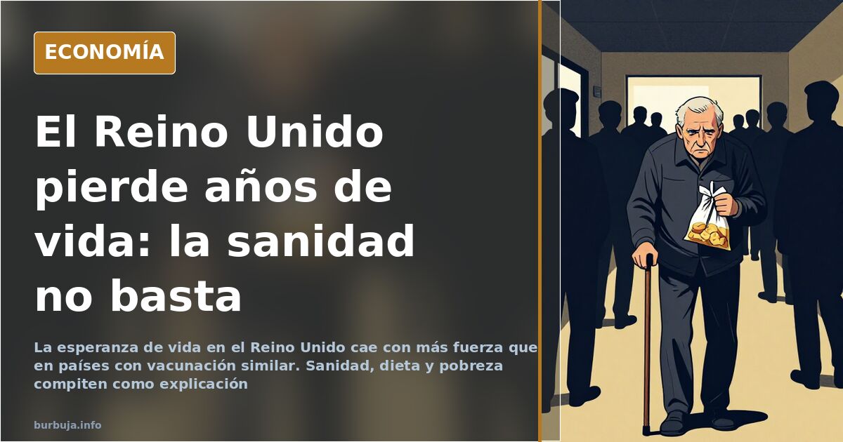 Cesta de ultraprocesados ante la fachada de un hospital británico, ilustración sobre la caída de la esperanza de vida