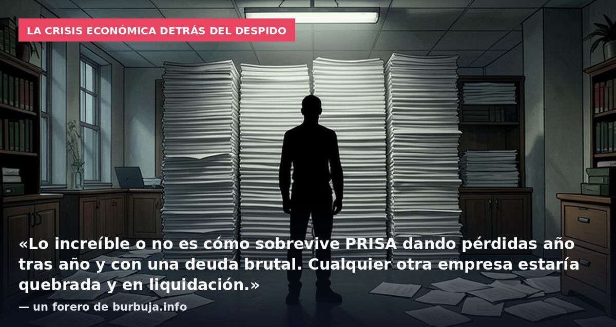 La crisis económica detrás del despido: «Lo increíble o no es cómo sobrevive PRISA dando pérdidas año tras año y con una deuda brutal. Cualquier otra empresa estaría quebrada y en liquidación.» — un forero de burbuja.info