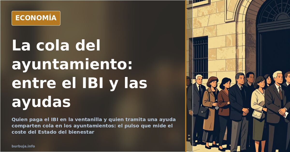 Cola de personas con carpetas esperando turno en las ventanillas de un registro municipal saturado para tramitar ayudas