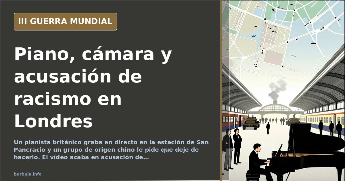 Piano público en la estación de trenes de San Pancracio en Londres con un músico tocando y viandantes alrededor