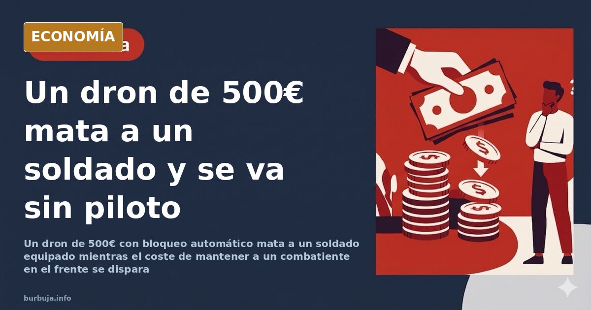 Ilustración editorial de un minidrone militar de bajo coste sobrevolando un campo de batalla abierto