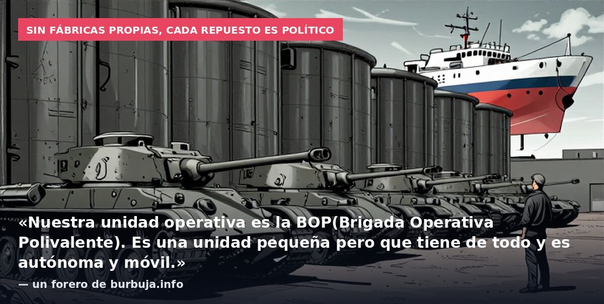 Sin fábricas propias, cada repuesto es político: «Nuestra unidad operativa es la BOP(Brigada Operativa Polivalente). Es una unidad pequeña pero que tiene de todo y es autónoma y móvil.» — un forero de burbuja.info
