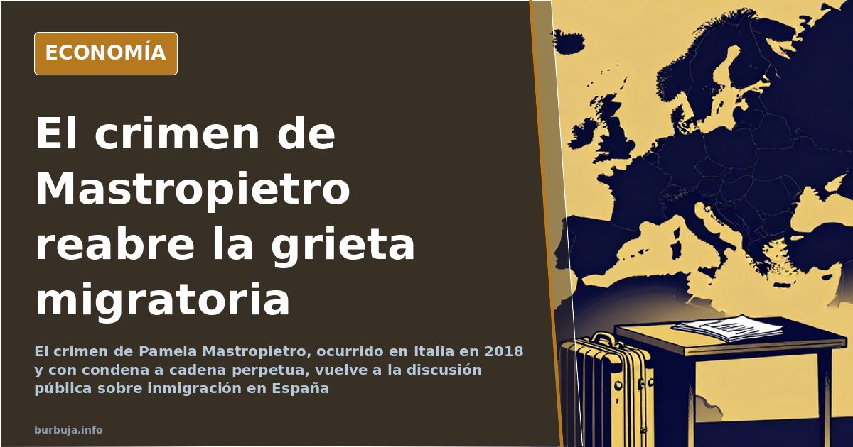 Ilustración editorial en azul marino y dorado que representa el caso judicial Mastropietro y el debate migratorio europeo