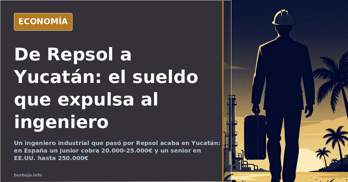 Ilustración de un ingeniero industrial con planos y maleta ante un mapa entre España y Yucatán