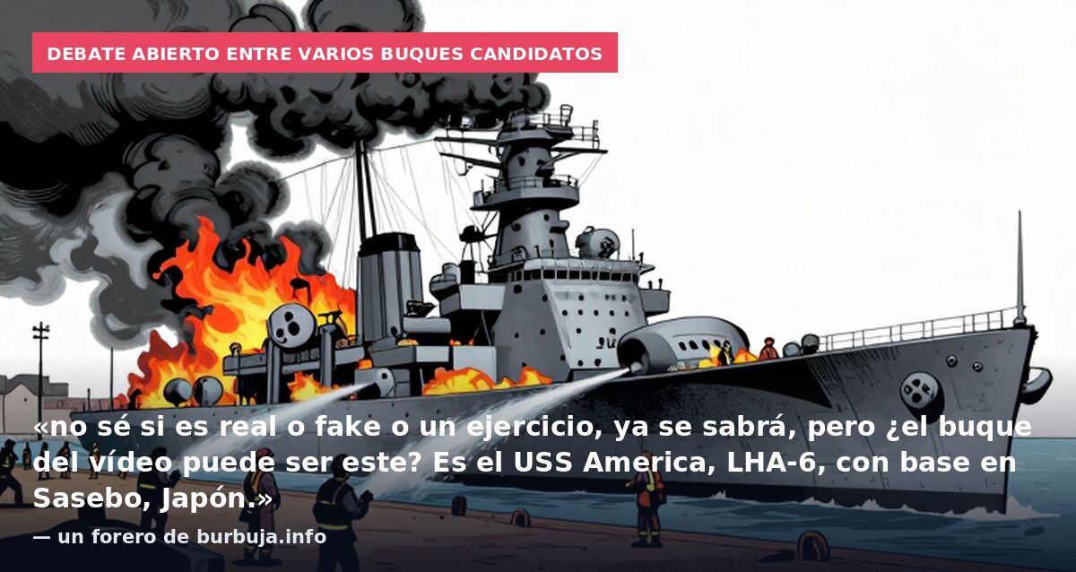 Debate abierto entre varios buques candidatos: «no sé si es real o fake o un ejercicio, ya se sabrá, pero ¿el buque del vídeo puede ser este? Es el USS America, LHA-6, con base en Sasebo, Japón.» — un forero de burbuja.info