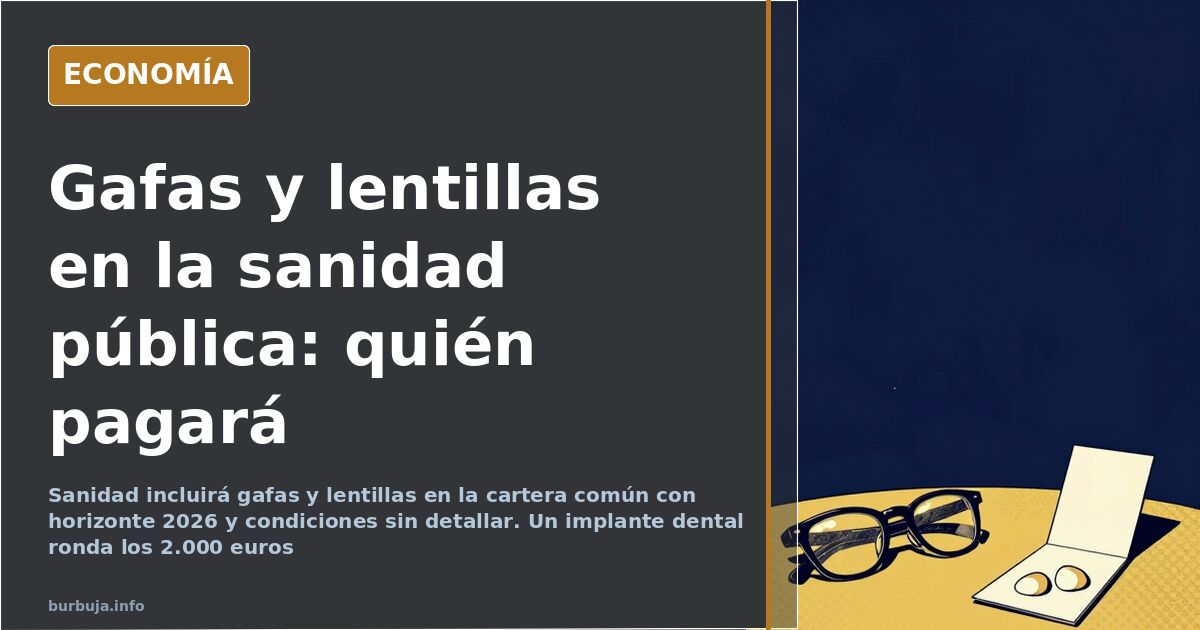 Varias monturas de gafas y un estuche de lentillas sobre una mesa, con una tarjeta sanitaria junto a ellas