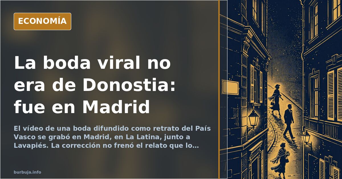 Calle urbana con invitados de una boda viral en Madrid, escena del vídeo atribuido por error a la parte vieja de Donostia
