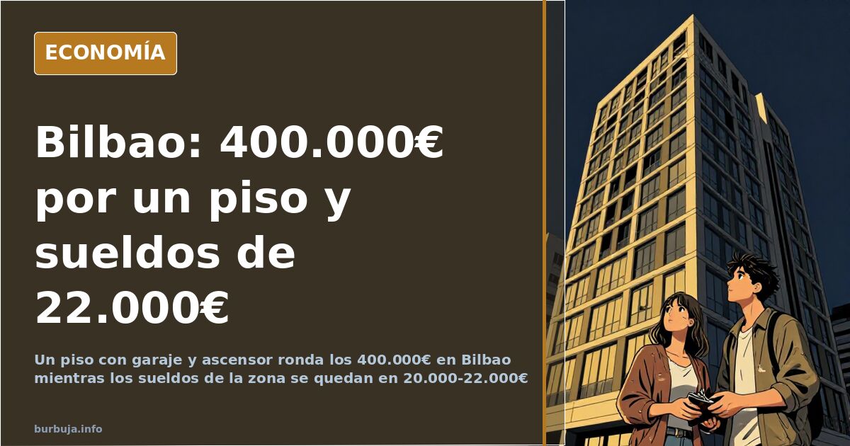 Fachadas de viviendas de Bilbao con carteles de venta y grúas al fondo, ilustración sobre comprar piso en Bilbao