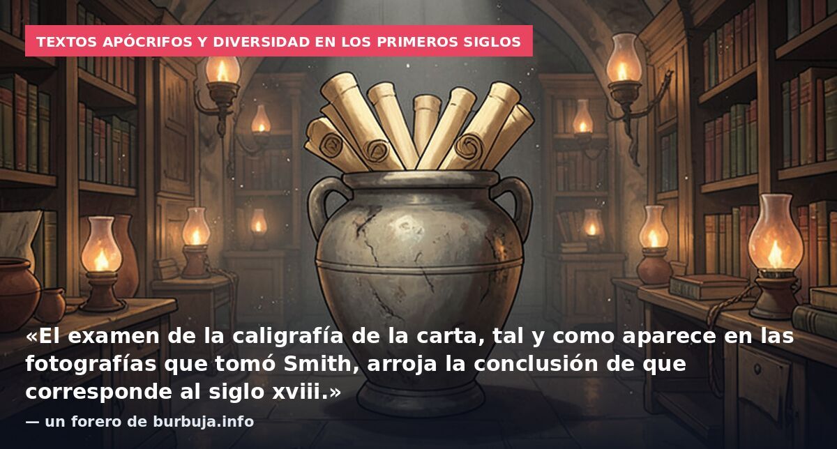 Textos apócrifos y diversidad en los primeros siglos: «El examen de la caligrafía de la carta, tal y como aparece en las fotografías que tomó Smith, arroja la conclusión de que corresponde al siglo xviii.» — un forero de burbuja.info