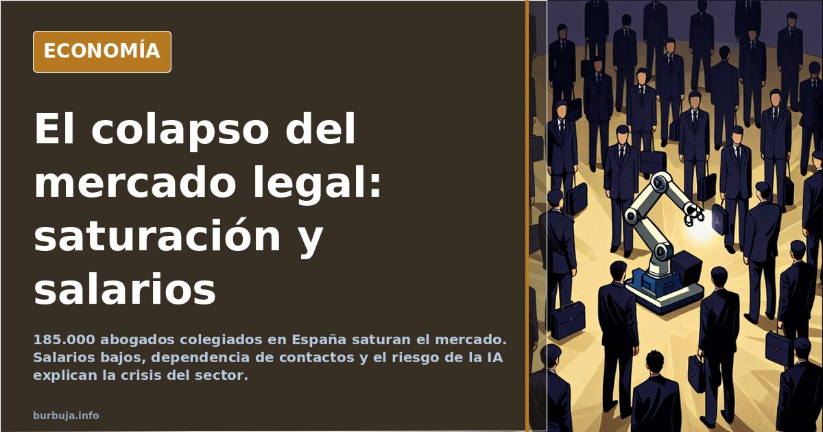 Ilustración editorial de una balanza de justicia sobrecargada de documentos sobre una pila de títulos universitarios