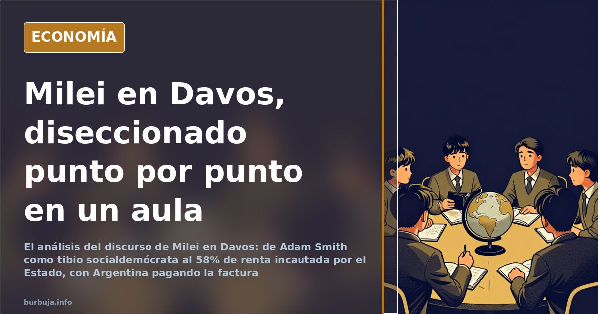 Aula universitaria con una lección de economía sobre el discurso de Milei en Davos proyectada ante el público