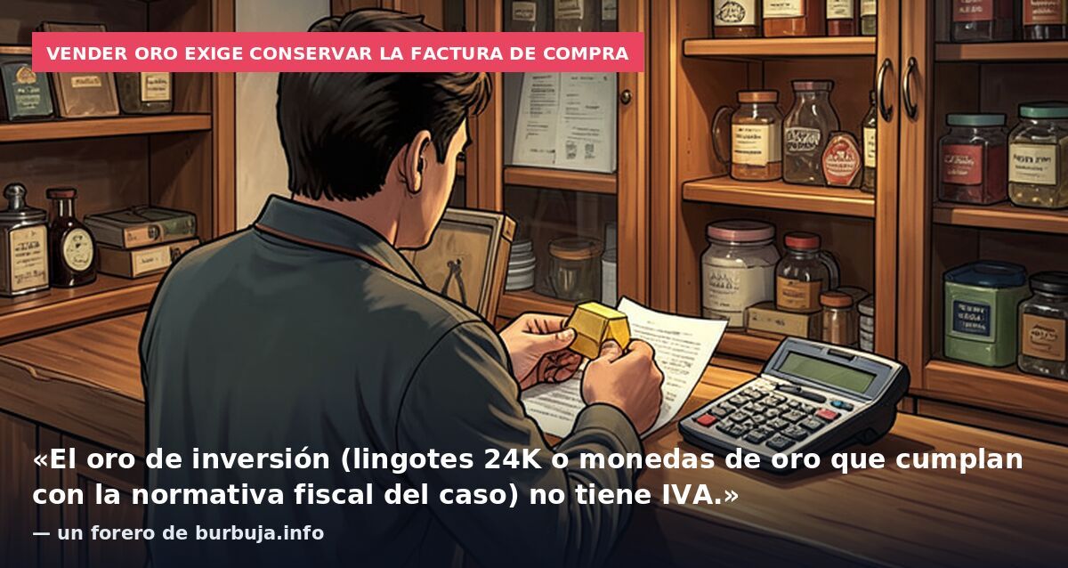 Vender oro exige conservar la factura de compra: «El oro de inversión (lingotes 24K o monedas de oro que cumplan con la normativa fiscal del caso) no tiene IVA.» — un forero de burbuja.info