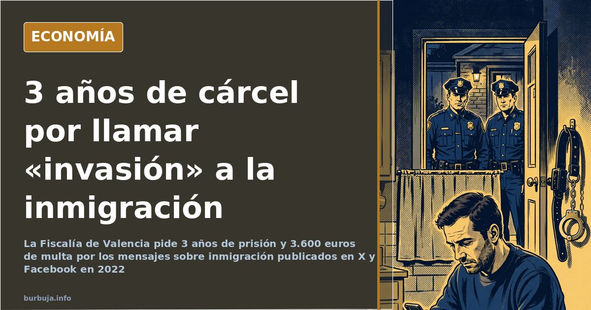 Ilustración editorial de un martillo judicial sobre una mesa junto a un móvil con publicaciones en redes sociales sobre inmig
