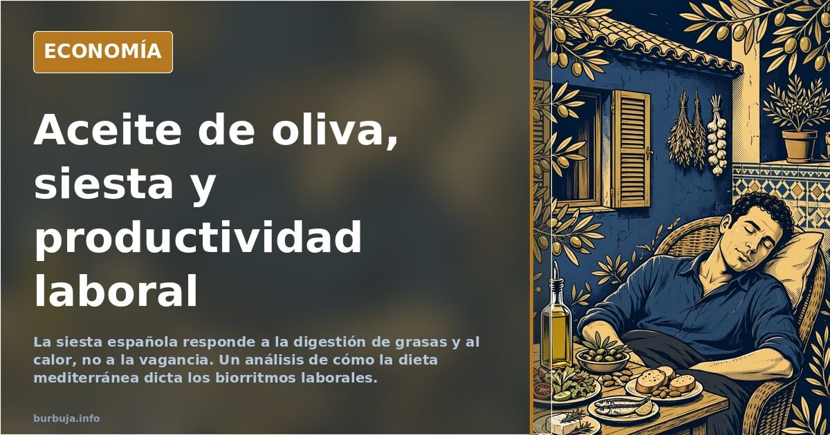 Ilustración editorial de un plato de comida con aceite de oliva y un reloj marcando el mediodía