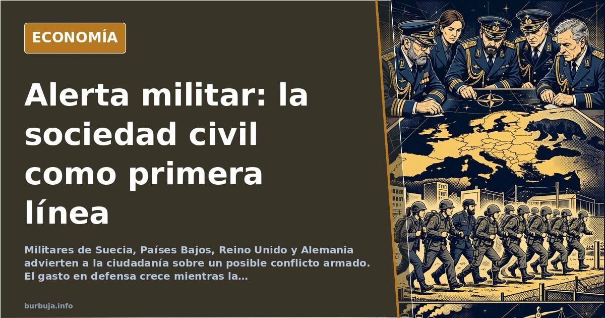 Ilustración editorial de un civil preparando suministros básicos mientras observa alertas militares en el horizonte, estilo s
