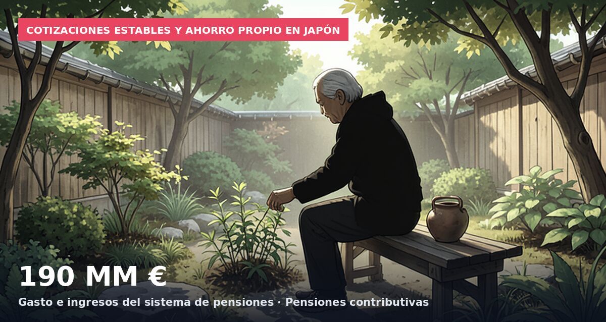 Cotizaciones estables y ahorro propio en Japón: 190 MM € Gasto e ingresos del sistema de pensiones · Pensiones contributivas