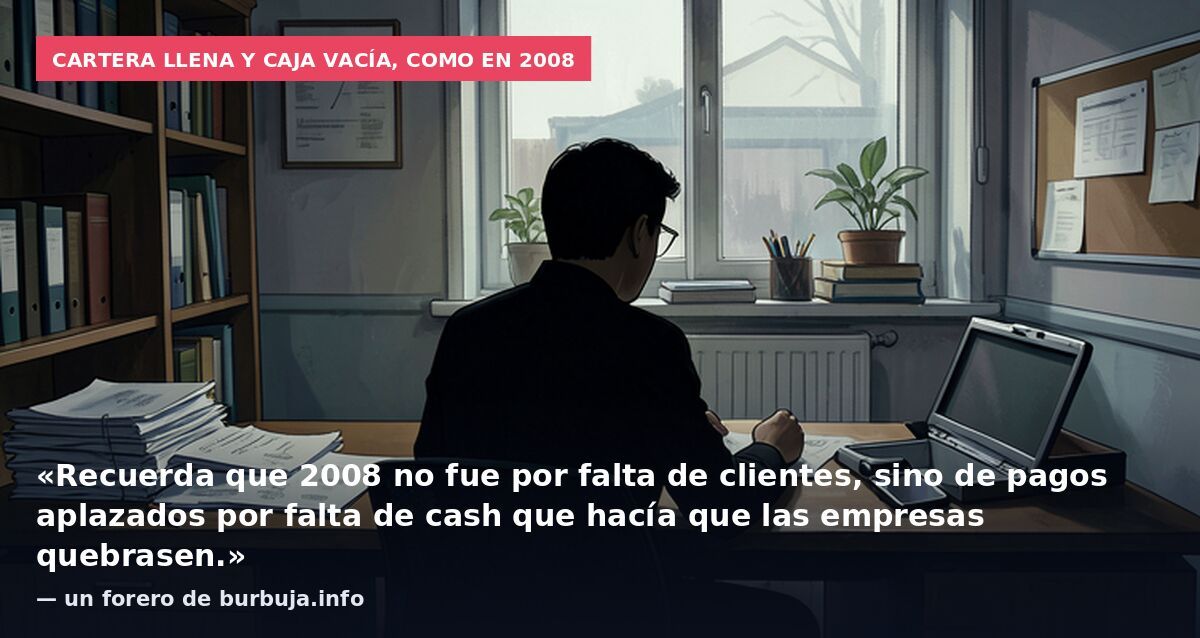 Cartera llena y caja vacía, como en 2008: «Recuerda que 2008 no fue por falta de clientes, sino de pagos aplazados por falta de cash que hacía que las empresas quebrasen.» — un forero de burbuja.info