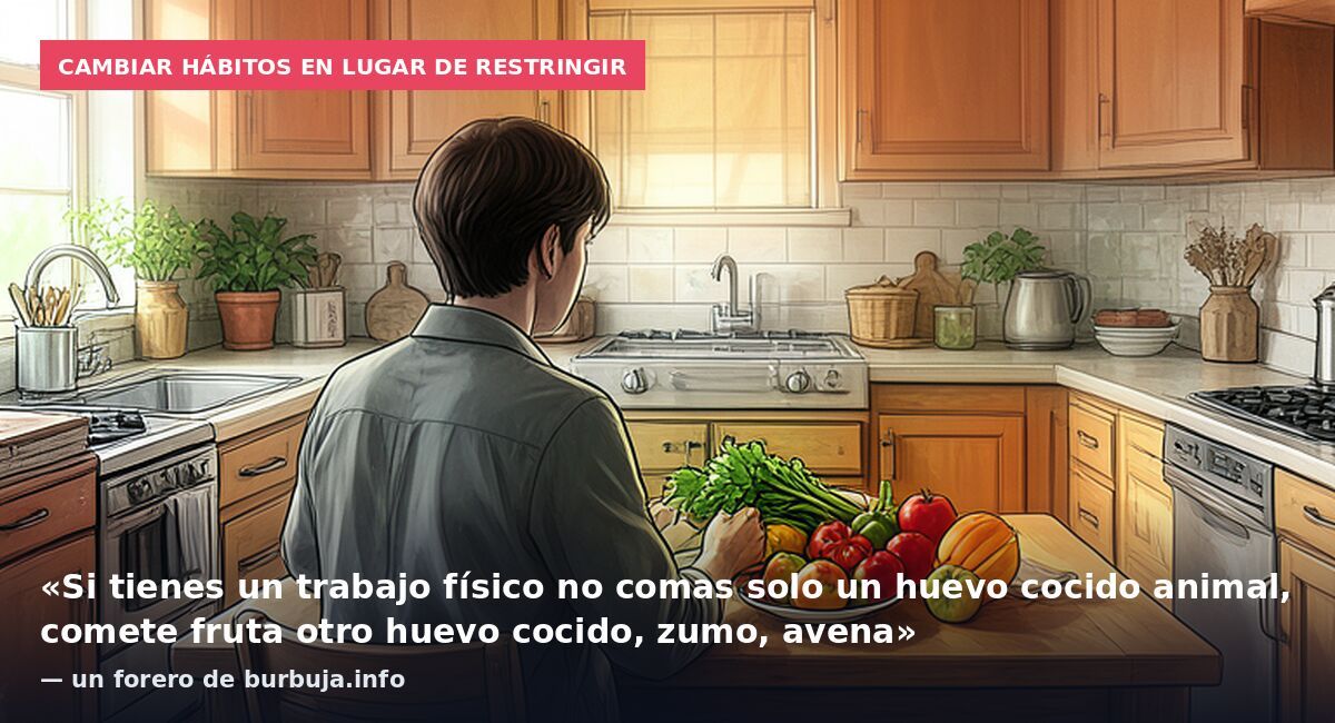 Cambiar hábitos en lugar de restringir: «Si tienes un trabajo físico no comas solo un huevo cocido animal, comete fruta otro huevo cocido, zumo, avena» — un forero de burbuja.info