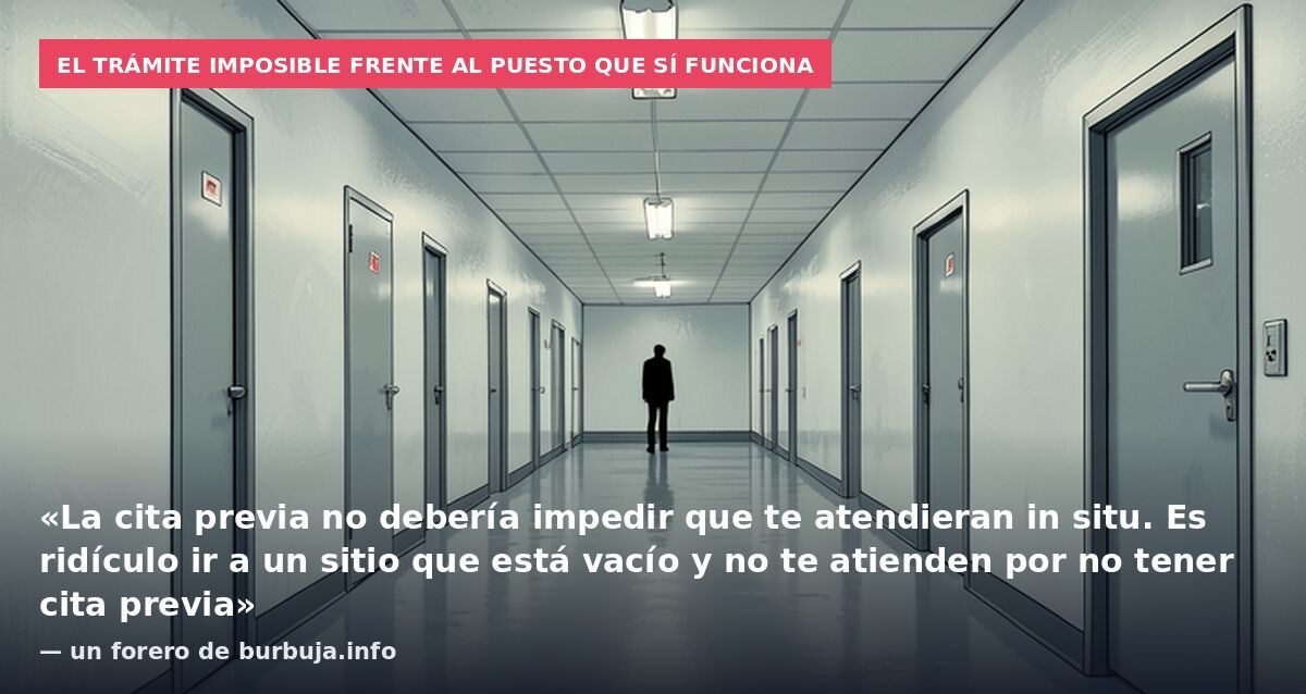 El trámite imposible frente al puesto que sí funciona: «La cita previa no debería impedir que te atendieran in situ. Es ridículo ir a un sitio que está vacío y no te atienden por no tener cita previa» — un forero de burbuja.info
