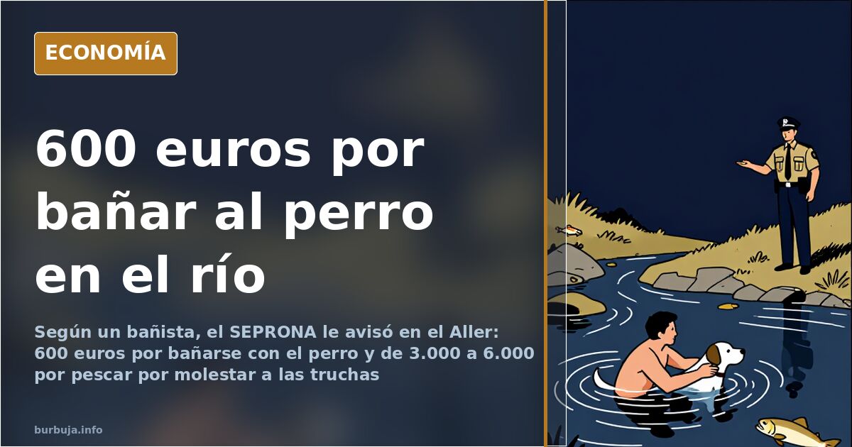 Tramo de río truchero de montaña con piedras y vegetación en la orilla, donde se bañan un perro y su dueño