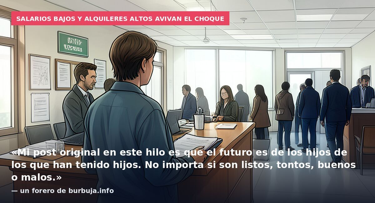 Salarios bajos y alquileres altos avivan el choque: «Mi post original en este hilo es que el futuro es de los hijos de los que han tenido hijos. No importa si son listos, tontos, buenos o malos.» — un forero de burbuja.info