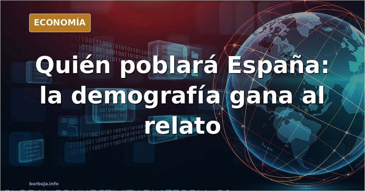 Ilustración editorial de un mapa de España formado por figuras humanas diversas, símbolo del futuro demográfico del país