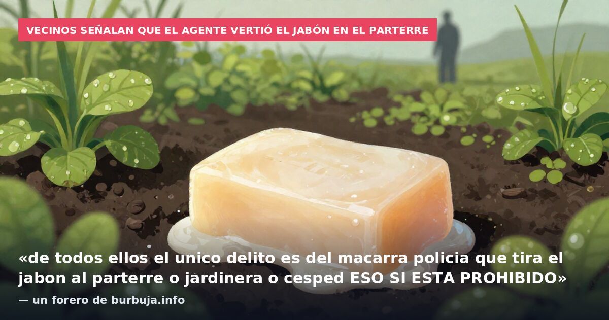 Vecinos señalan que el agente vertió el jabón en el parterre: «de todos ellos el unico delito es del macarra policia que tira el jabon al parterre o jardinera o cesped ESO SI ESTA PROHIBIDO» — un forero de burbuja.info