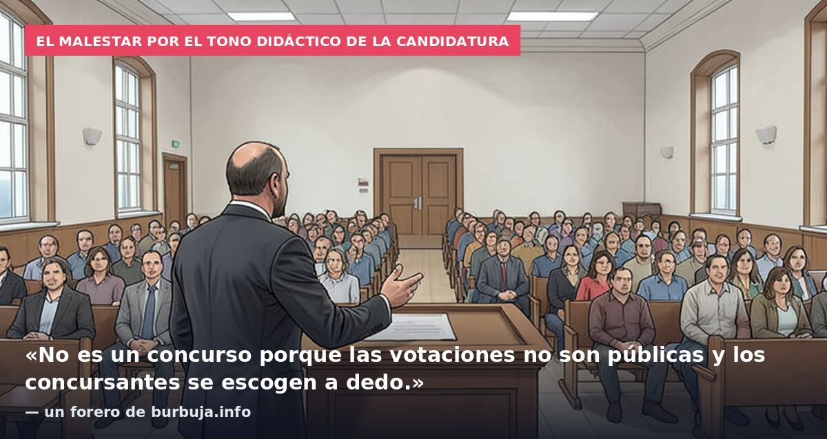 El malestar por el tono didáctico de la candidatura: «No es un concurso porque las votaciones no son públicas y los concursantes se escogen a dedo.» — un forero de burbuja.info