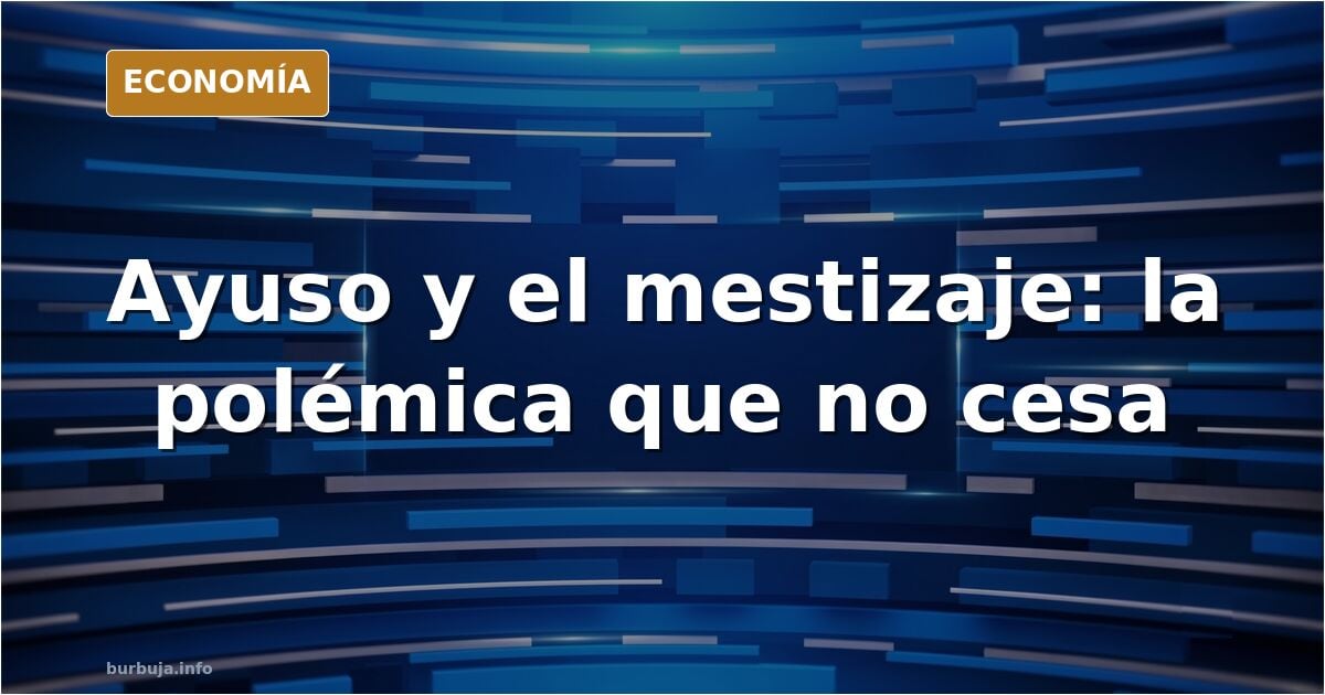 Ilustración editorial de una figura política ante un atril con banderas de España y Madrid, símbolo del debate sobre mestizaj