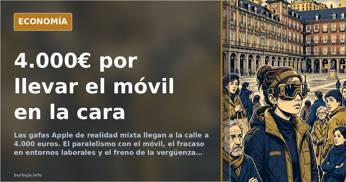 Persona caminando por una acera urbana con gafas de realidad mixta puestas, vista de perfil, transeúntes de fondo