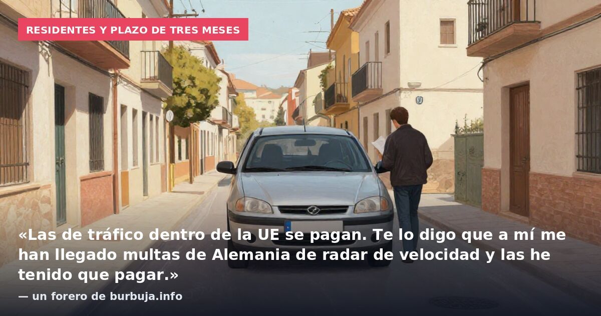 Residentes y plazo de tres meses: «Las de tráfico dentro de la UE se pagan. Te lo digo que a mí me han llegado multas de Alemania de radar de velocidad y las he tenido que pagar.» — un forero de burbuja.info