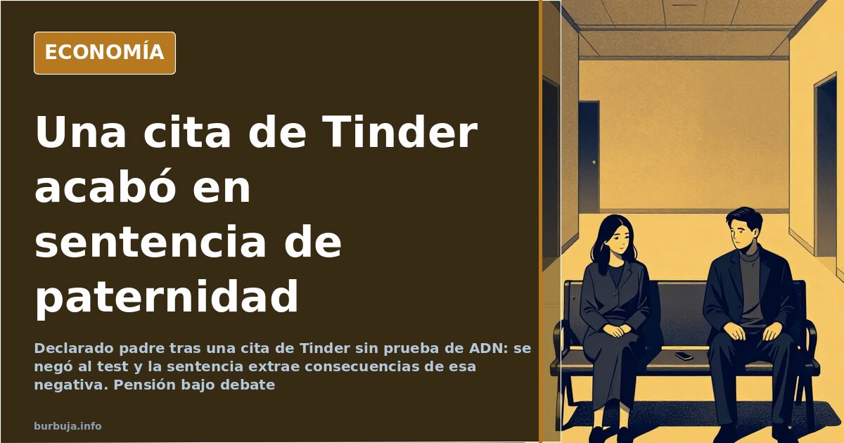 Ilustración editorial de un móvil con una cita de Tinder y un documento judicial sobre la prueba de ADN de paternidad