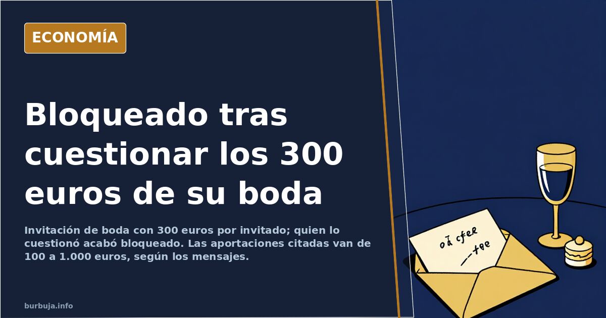Sobre de invitación de boda abierto junto a una tarjeta con una cifra en euros y una tarta nupcial al fondo