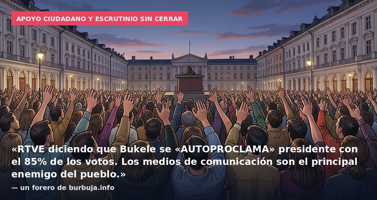 Apoyo ciudadano y escrutinio sin cerrar: «RTVE diciendo que Bukele se «AUTOPROCLAMA» presidente con el 85% de los votos. Los medios de comunicación son el principal enemigo del pueblo.» — un forero de burbuja.info