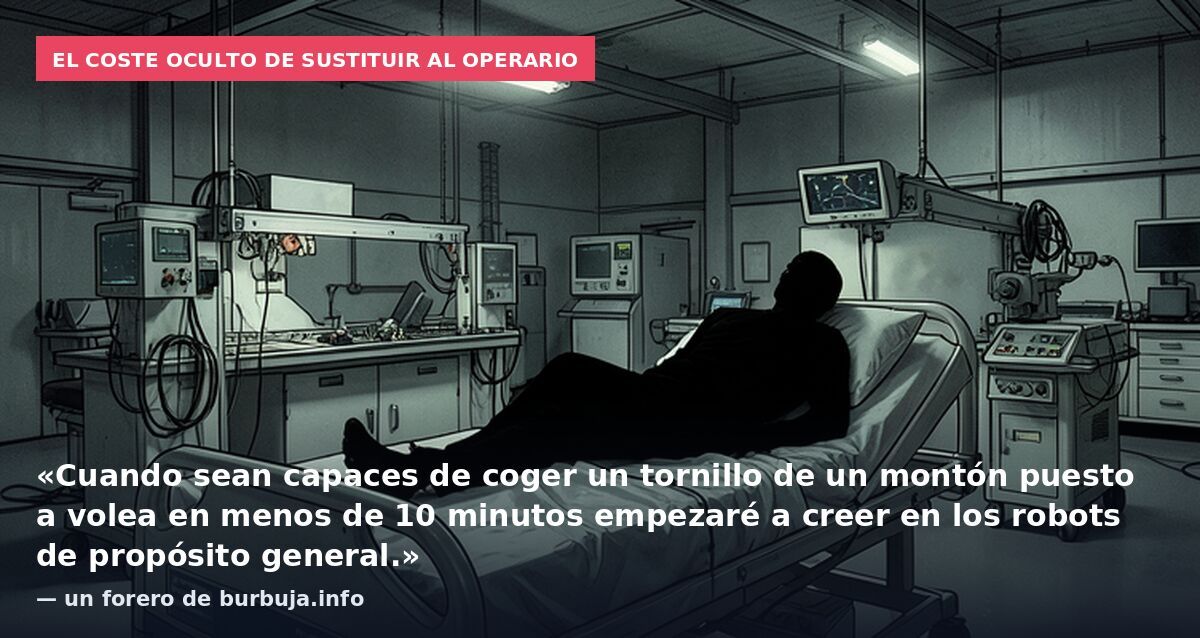 El coste oculto de sustituir al operario: «Cuando sean capaces de coger un tornillo de un montón puesto a volea en menos de 10 minutos empezaré a creer en los robots de propósito general.» — un forero de burbuja.info