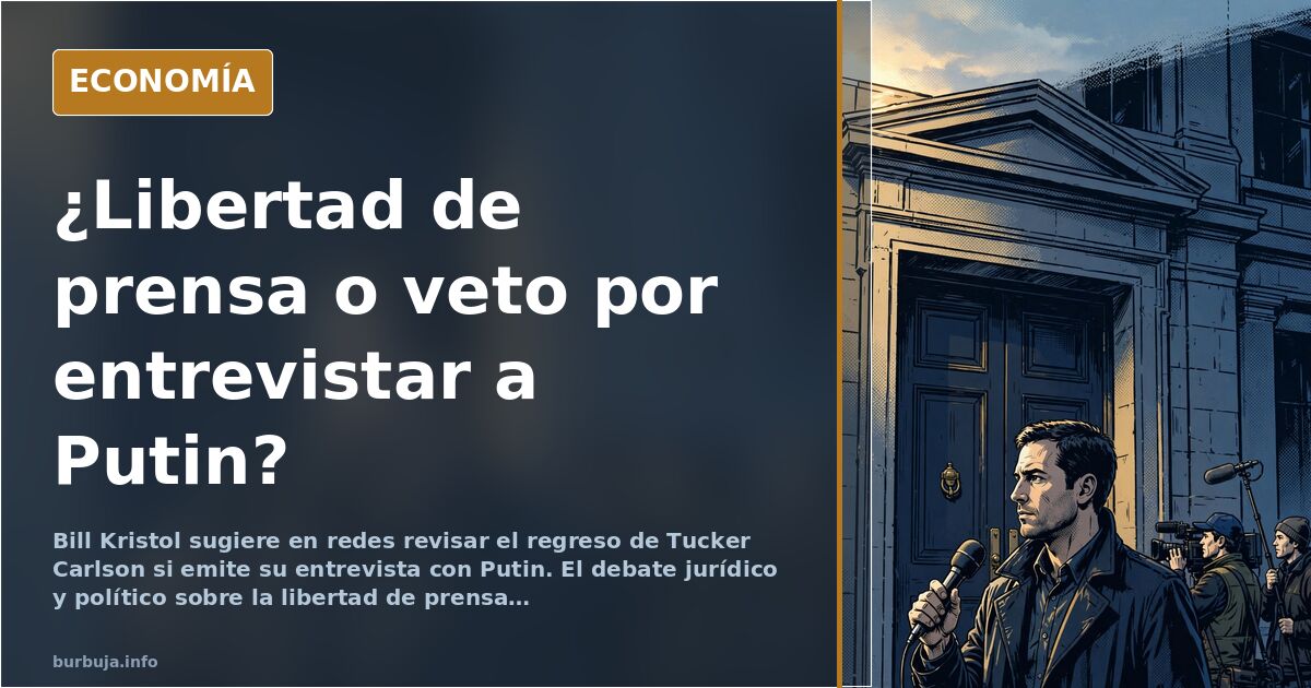Ilustración editorial de un periodista ante un micrófono con la bandera de Estados Unidos y Rusia de fondo