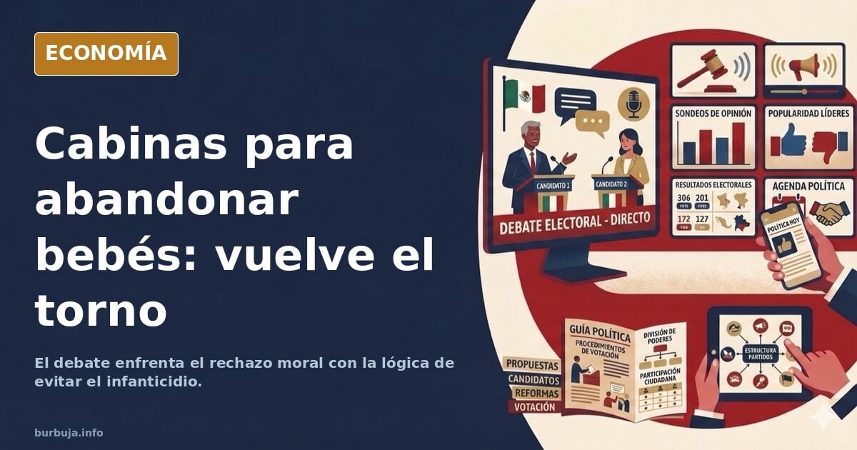 Ilustración editorial de una cabina metálica para abandonar bebés en una calle vacía, con una cuna en su interior