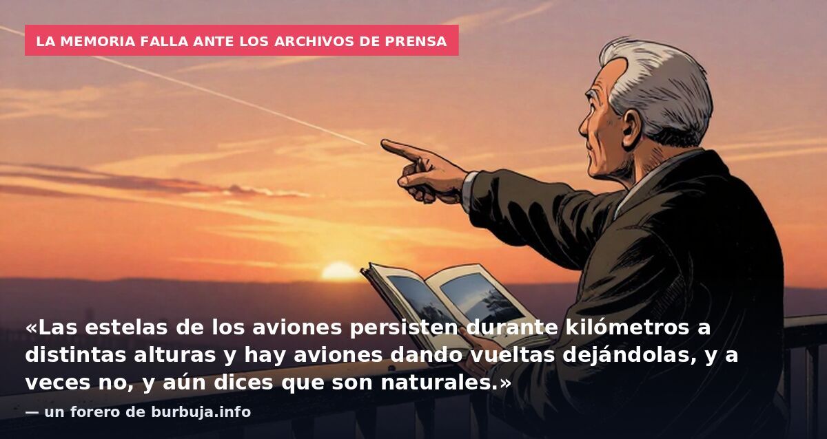La memoria falla ante los archivos de prensa: «Las estelas de los aviones persisten durante kilómetros a distintas alturas y hay aviones dando vueltas dejándolas, y a veces no, y aún dices que son naturales.» — un forero de burbuja.info