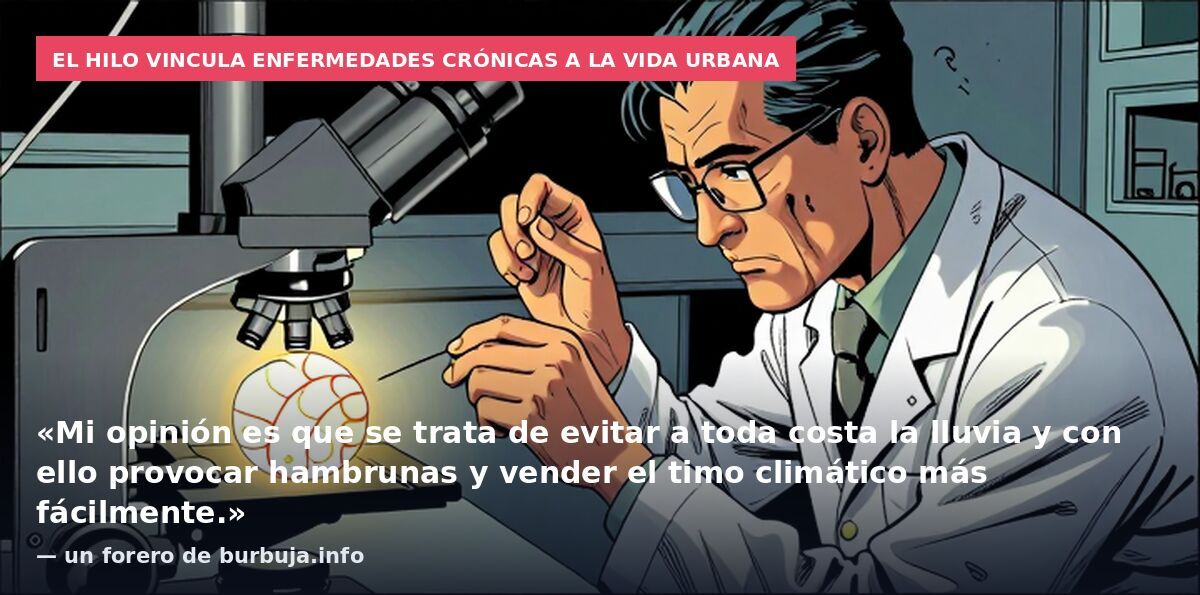 El hilo vincula enfermedades crónicas a la vida urbana: «Mi opinión es que se trata de evitar a toda costa la lluvia y con ello provocar hambrunas y vender el timo climático más fácilmente.» — un forero de burbuja.info