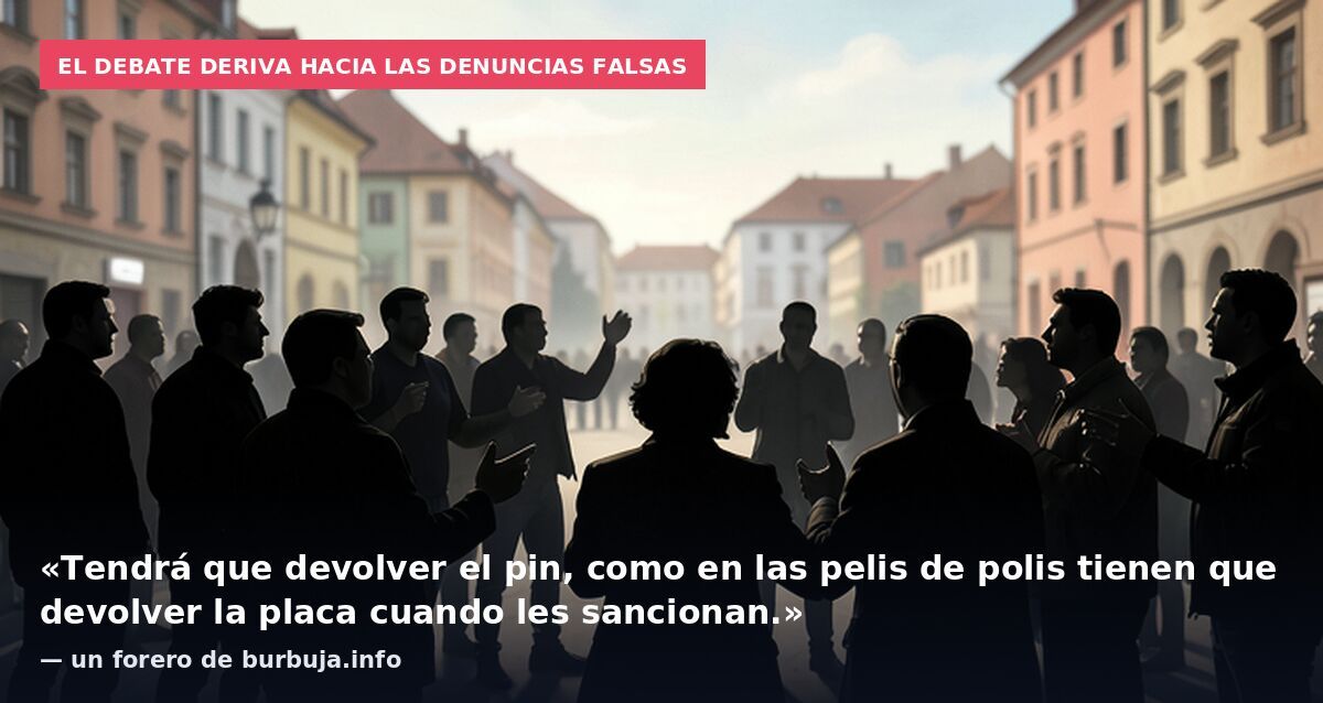 El debate deriva hacia las denuncias falsas: «Tendrá que devolver el pin, como en las pelis de polis tienen que devolver la placa cuando les sancionan.» — un forero de burbuja.info