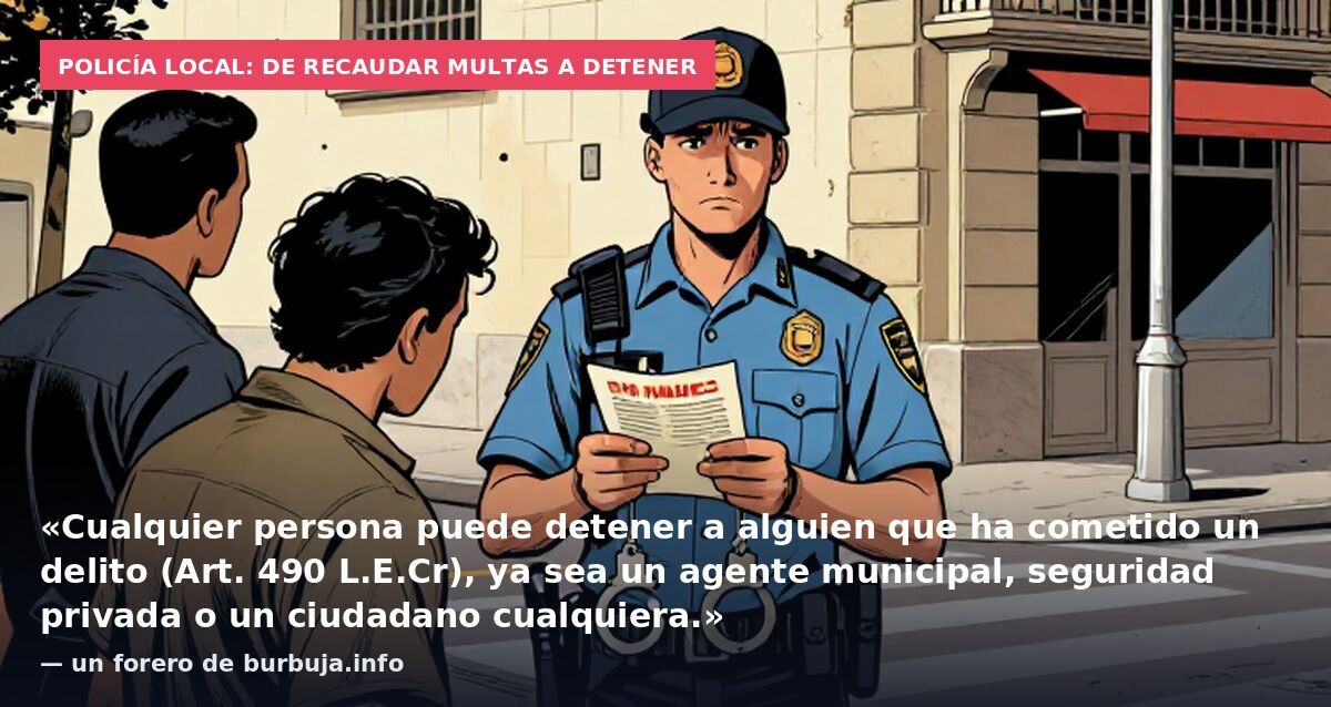 Policía local: de recaudar multas a detener: «Cualquier persona puede detener a alguien que ha cometido un delito (Art. 490 L.E.Cr), ya sea un agente municipal, seguridad privada o un ciudadano cualquiera.» — un forero de burbuja.info