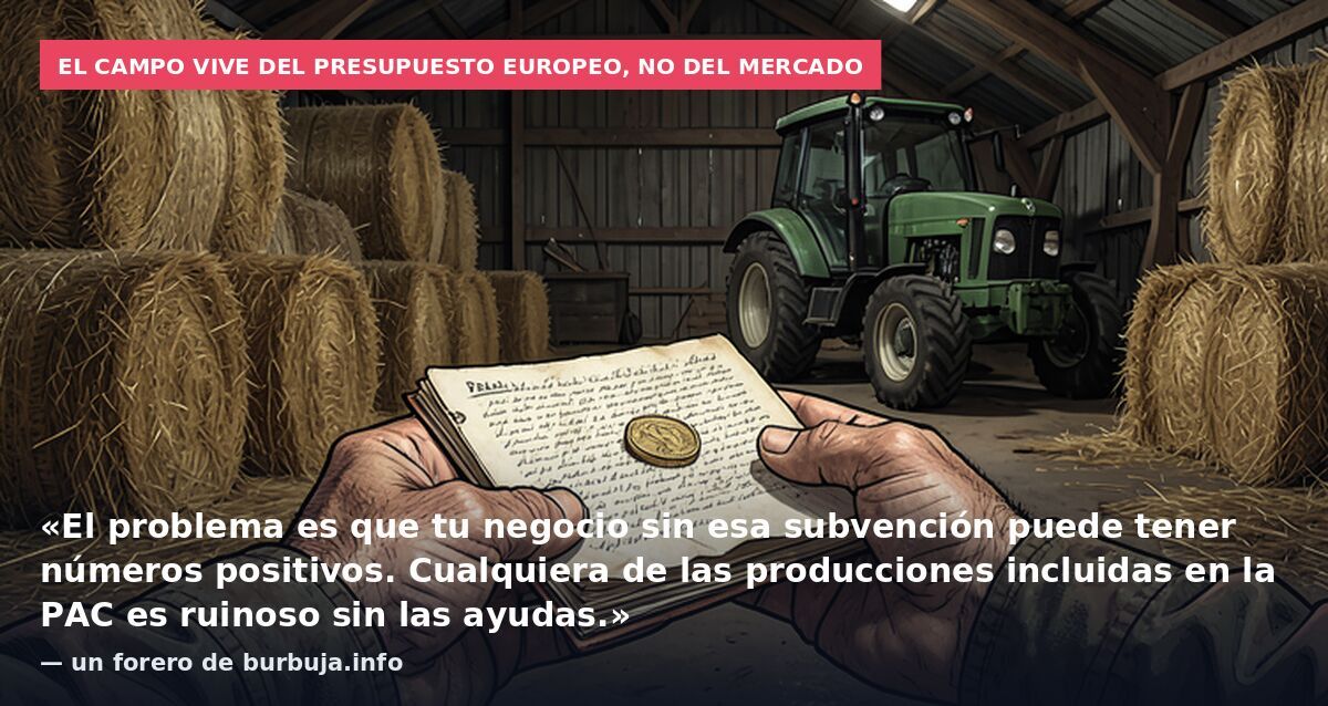 El campo vive del presupuesto europeo, no del mercado: «El problema es que tu negocio sin esa subvención puede tener números positivos. Cualquiera de las producciones incluidas en la PAC es ruinoso sin las ayudas.» — un forero de burbuja.info