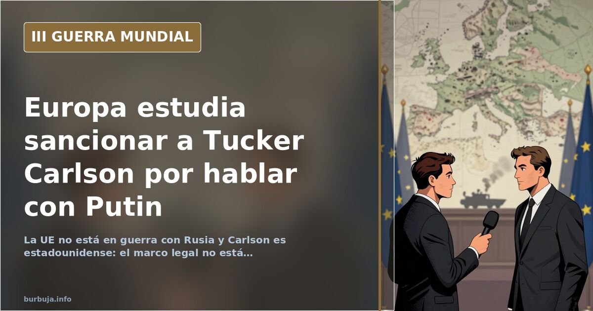Silueta de un periodista frente a un micrófono con banderas de la UE y Rusia de fondo en tonos desaturados