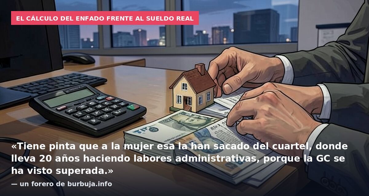 El cálculo del enfado frente al sueldo real: «Tiene pinta que a la mujer esa la han sacado del cuartel, donde lleva 20 años haciendo labores administrativas, porque la GC se ha visto superada.» — un forero de burbuja.info