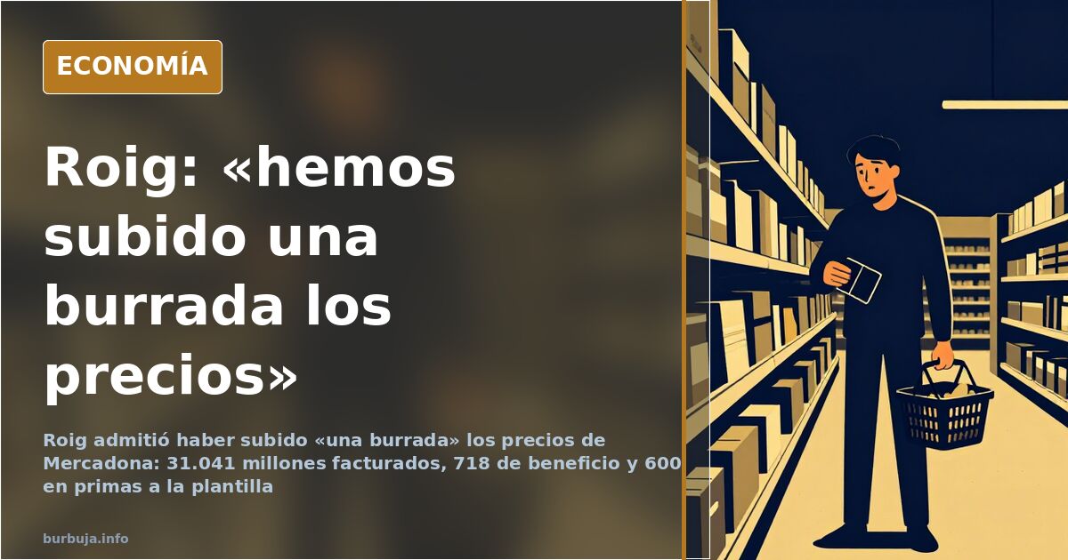 Lineal de supermercado con etiquetas de los precios de los alimentos al alza junto a un carro semivacío en tonos azul y dorad
